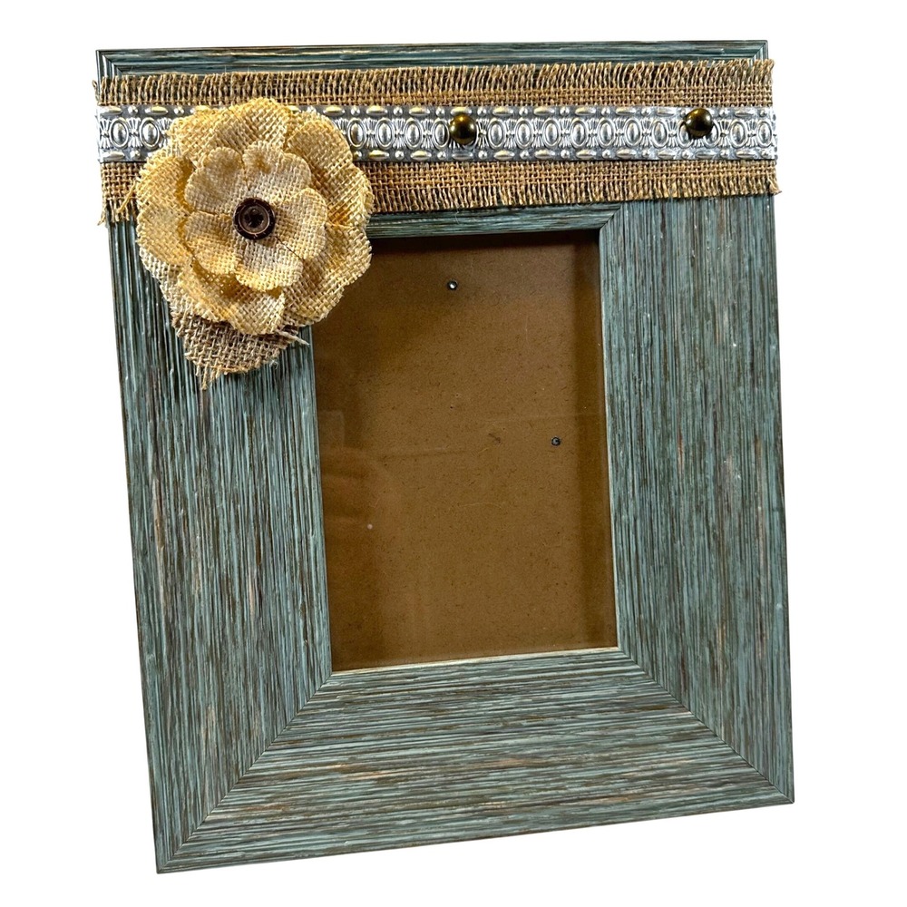 Farmhouse Aqua Distressed Wood Picture Frame 5x7 Photo Shabby Chic Burlap Floral